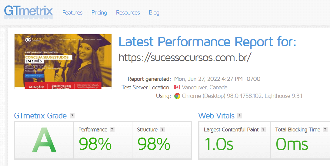 gtmetrix sucesso 1